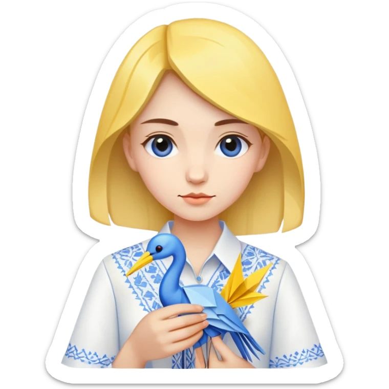 A Ukrainian young girl wearing a white embroidered shirt holds an origami yellow-blue crane sticker