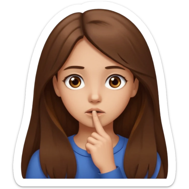 Emoji Fille cheveux long et brun yeux brun avec un doigt dans la bouche comme le truc baka sticker