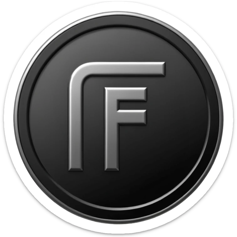 Emoji icon of a black coin with engraved letter F, minimalist style, isolated, no color sticker