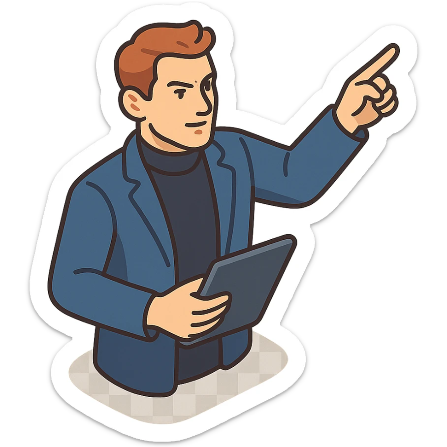 Bold and charismatic male leader, Caucasian, short auburn hair, sharp eyes, wearing indigo coat over black turtleneck, one arm raised giving direction, holding a tablet, waist-up sticker