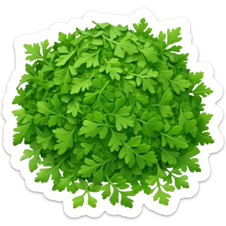 loose scatter of finely crumbled green herb flakes with jagged, flat shapes and a dry, matte texture, color ranges from bright to muted green, evoking dried curly or flat-leaf parsley, soft lighting, subtle shadows, emoji scale sticker