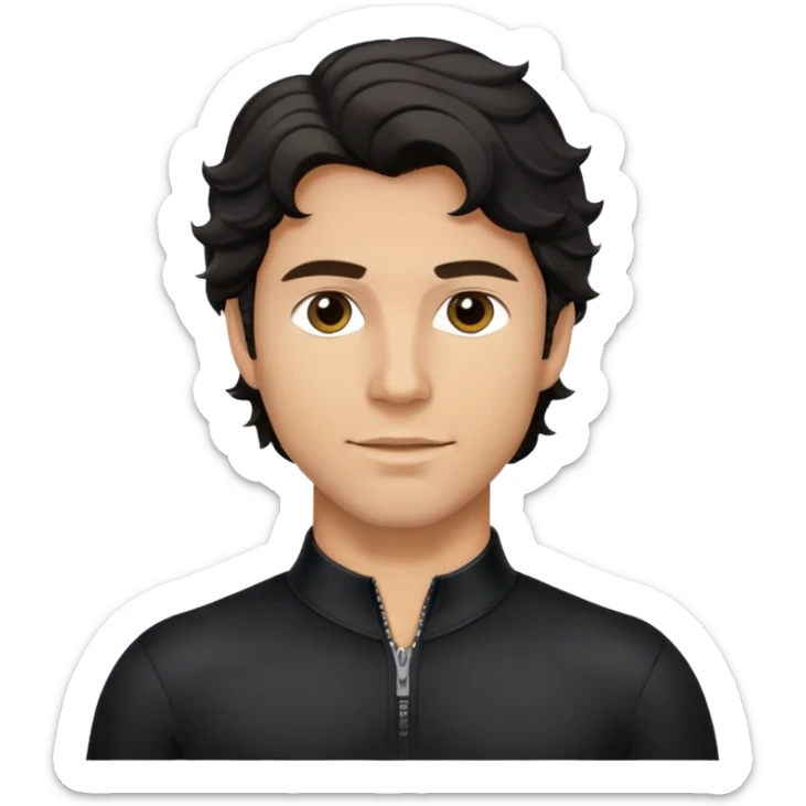 Caucasian man with black wavy hair wearing a long sleeve black spandex shirt with collar and zip to the chest sticker