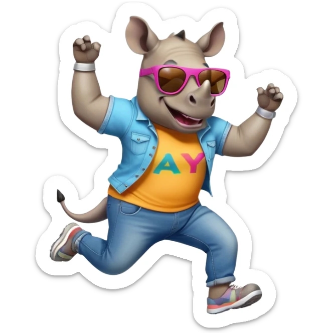 friendly anthropomorphised rhino in jeans and colourful t-shirt, wearing dark sunglasses, jogging upright, jumping with excitement, dynamic pose sticker