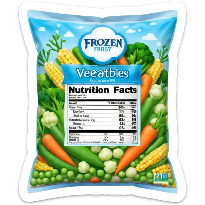 A colorful plastic bag of frozen mixed vegetables (peas, carrots, corn, and broccoli) with a bright label showing freshness and nutrition info. The bag surface has light frost and condensation. Placed in a freezer display section with other frozen food packs around it, real-life grocery store look. sticker