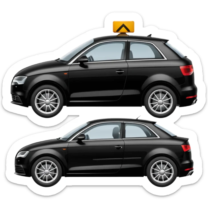 create an ios emoji of a black car, car shape must be similar to a model audi a3, being towed by a tow car. profile horizontal view on transparent background sticker
