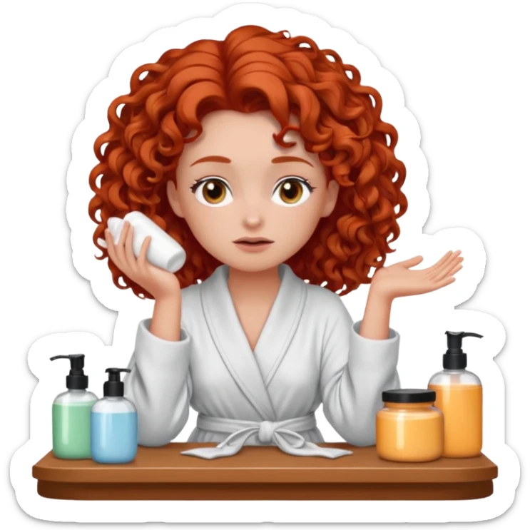 Cartoon emoji of a girl with voluminous curly red hair, fair skin, warm brown eyes. Wearing a chic milky silk robe with long sleeves, no makeup. Sitting at a vanity full of skincare products, holding her head with both hands, unsure which to choose. Smooth, simple, stylized." sticker