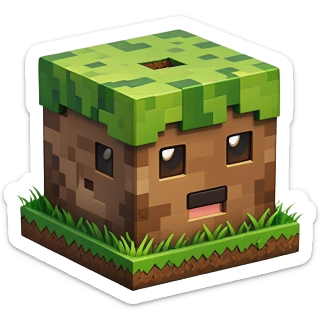 A 3D Apple-style emoji of a Minecraft grass block, cubic shape, with bright green grass on top and brown soil with pixel texture on the sides, simple and cute cartoon design. sticker