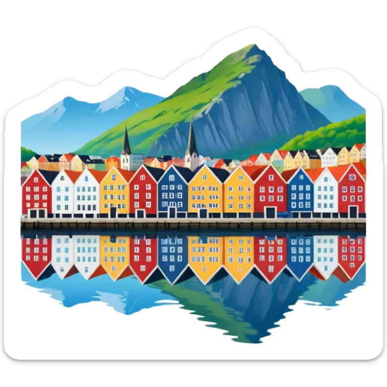 Bergen, Norway city skyline with view of water, colorful buildings, mountains in background, scenic waterfront, vibrant and inviting sticker