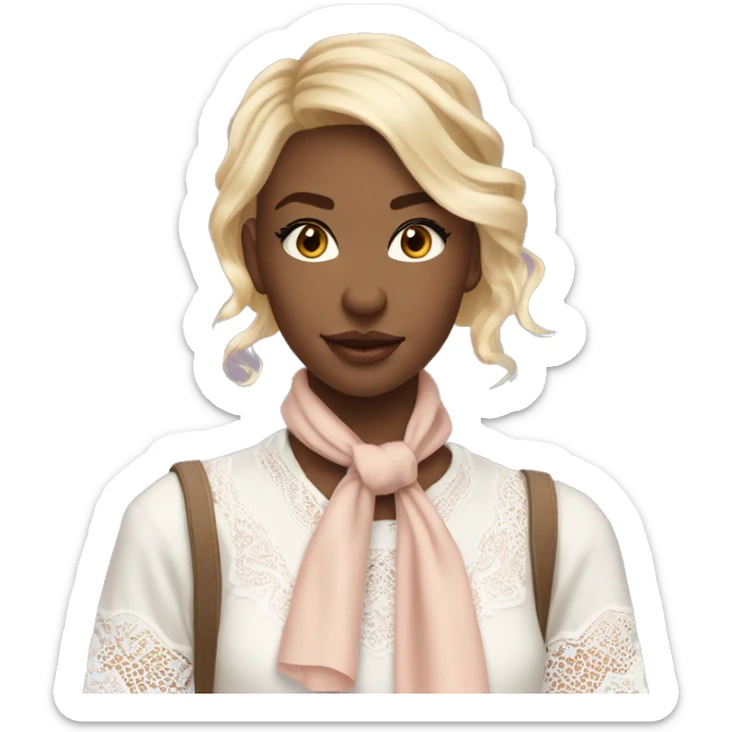 pretty blonde woman with vanilla girl vibes, wearing a white lace shirt with a soft pastel borwn neck scarf and her hair is decorated with soft pastel sweet vibes ribbon sticker
