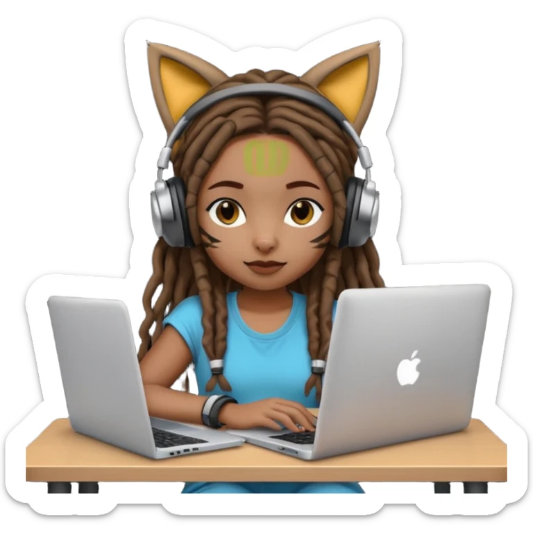 black girl with dreads who works remotely through a laptop with cat ear headphones sticker