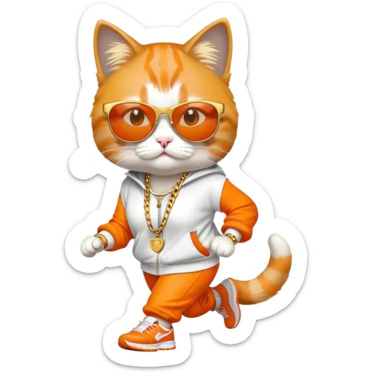 female cat wearing Run DMC hip-hop outfit, gold chains, dark sunglasses, jogging sticker