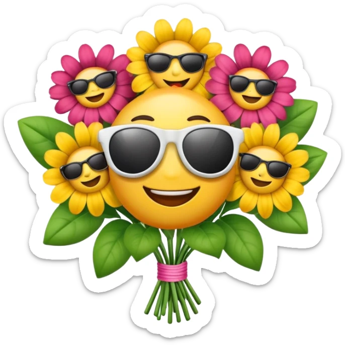 a bouquet of flowers with sunglasses and playful grins, emoji style, for Mother's Day sticker