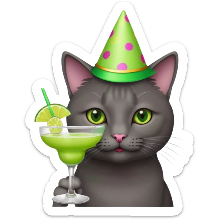 An old, dark grey cat is wearing a party hat, and drinking a margarita. sticker