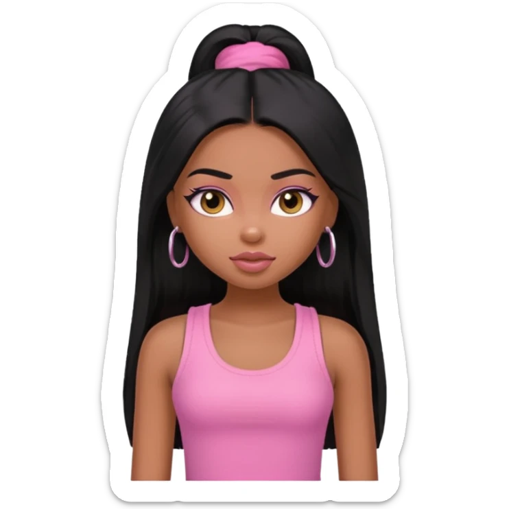 a pretty bratz dusky girl with long straight black color hair and pink tank top on sticker