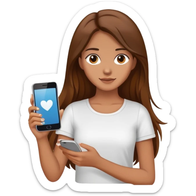 girl with long brown hair wearing a white top holding a smartphone sticker