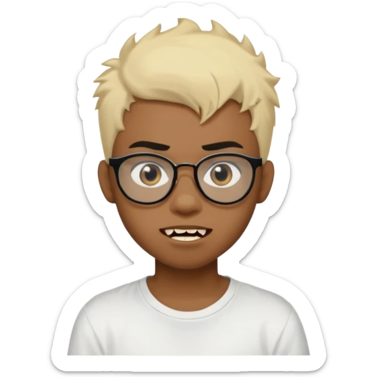 Black Male Teenager with Short punk messy blonde hair, Dark brown bushy eyebrows large expressive golden-brown eyes, wearing a plain white t-shirt, wearing thick black glasses, Dark Brown skin color. vampire tooth sticker