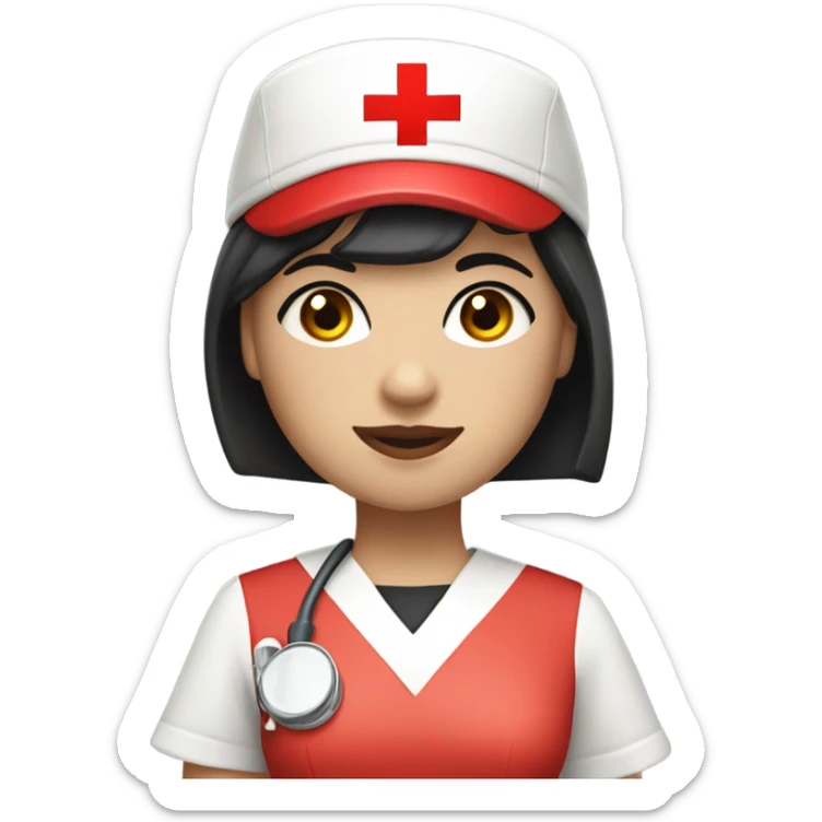 pixie cut black straight hair female nurse with red cross sign hat wearing dress
pale skin color sticker