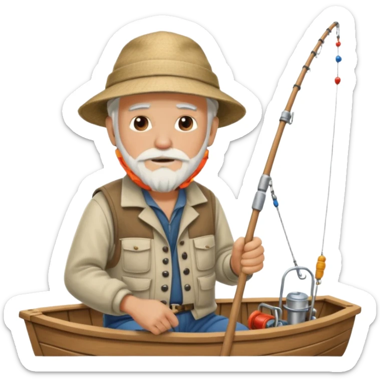 an old white haired, bearded man in fisherman attire, sat in a big boat on the ocean, casting a fishing line into the water sticker