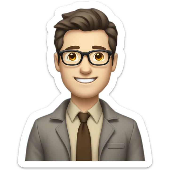 Joyful Full height Pale skinned Fit Man With dark brown hair in gray jacket, beige office shirt, Brown pants and vintage glasses. His thrumbs up sticker