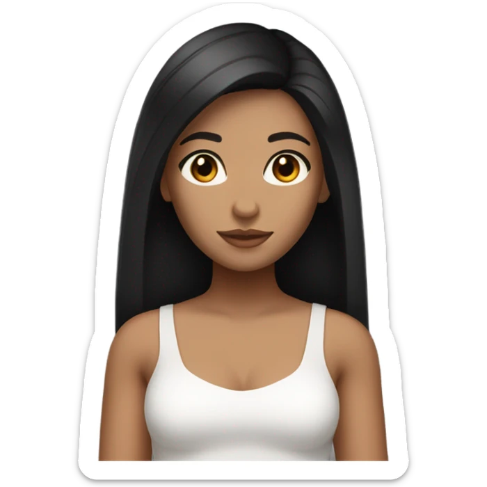 A girl with light brown skin and brown eyes and dark black straight hair and a white tube top sticker