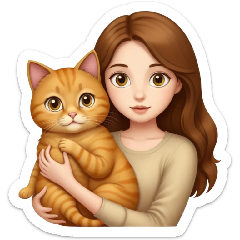 Pretty girl with big eyes and long brown hair with a baby golden fat cat  sticker