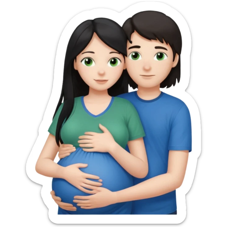 Make a couple emoji they are 18. The girl has long black hair and blue eyes and is hugging a pregnant boy with brown hair and green eyes they are both wearing the same colour top.  sticker