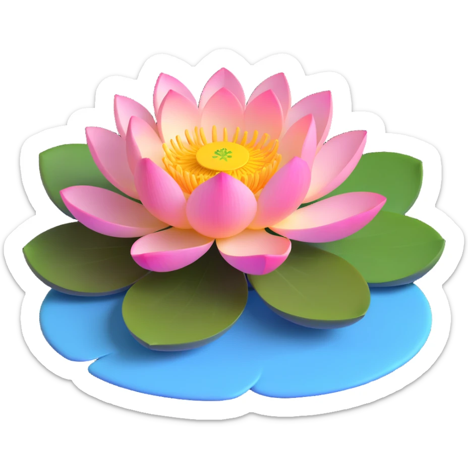 Elegant lotus flower with pink petals, yellow center and circular green lotus pad in water sticker