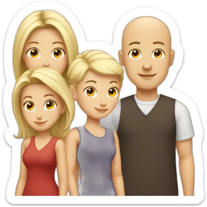 4 friends. Chinese lady, bald man, blonde man, brown hair lady sticker