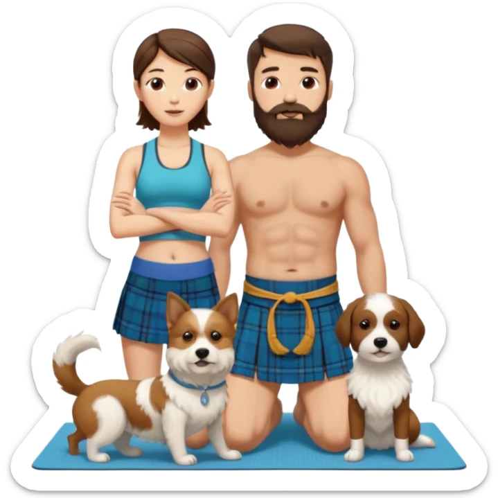 emoji of brunette man with beard wearing kilt, brunette woman in yoga outfit and one white fluffy dog sticker