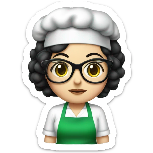 chubby lady with black hair and big eyes green apron  with glasses cooking  sticker