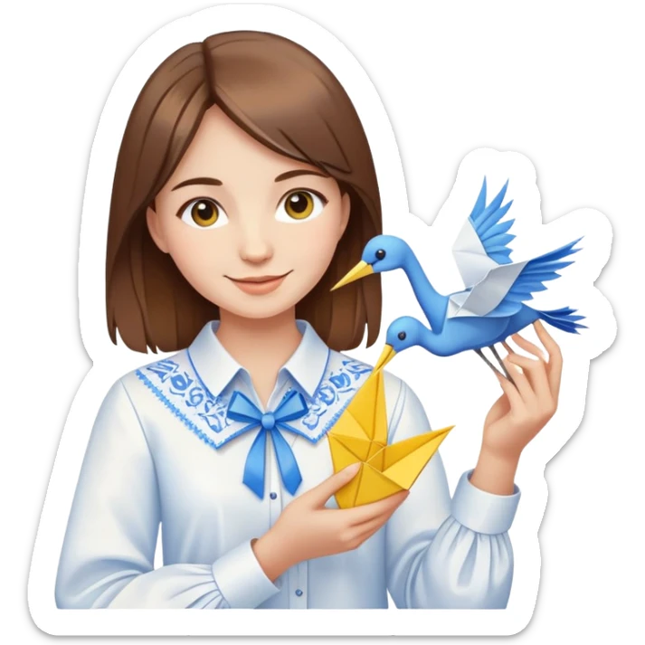 Happy Ukrainian young girl with brown hair in a white embroidered shirt holds an origami yellow and blue crane sticker