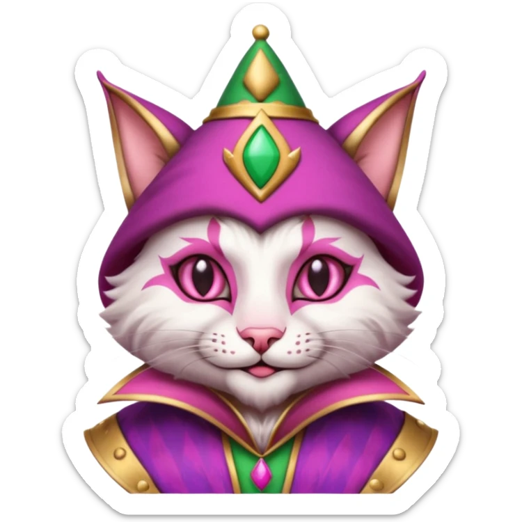 court jester cat medieval, single poker card joker clearly visible, pink, face only sticker