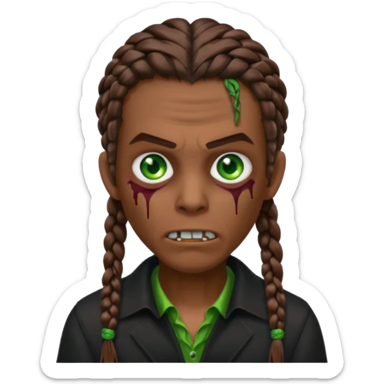 Glued braids men zombie with brown hair color and green eye color, with dark vampire clothes, brown skin sticker