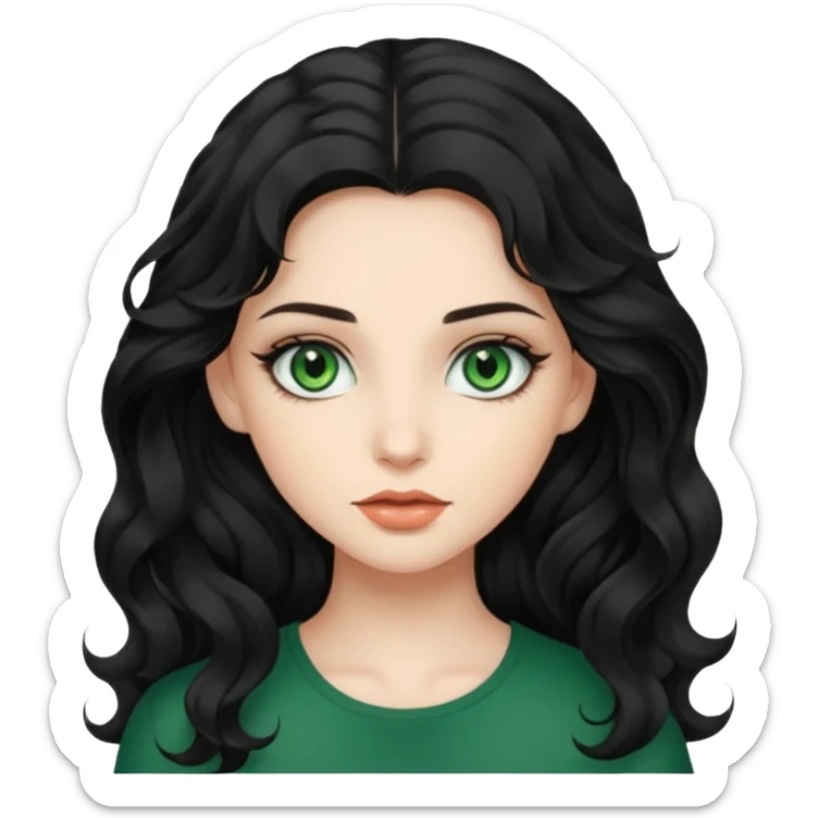 a girl with green eyes, long black wavy hair, subtle clean makeup sticker