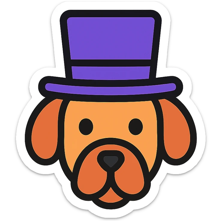 dog with a tophat, lineal color icon style, soft color fills and black outlines sticker