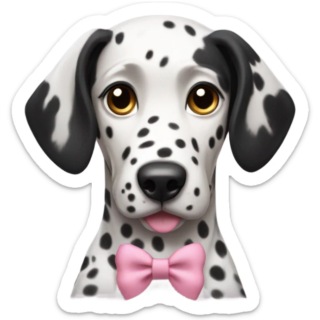 a female Dalmatian with brown eyes and all black ears wearing a pink bow sticker
