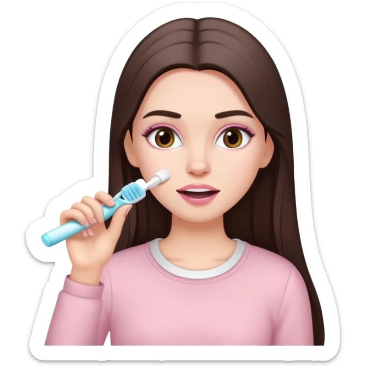 A white girl with makeup with long dark brown straight hair in pale pink clothes brushes her teeth sticker