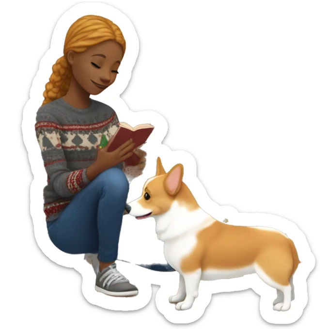 Ginger-blonde haired African American teen body playing with corgi in front of Christmas tree sticker