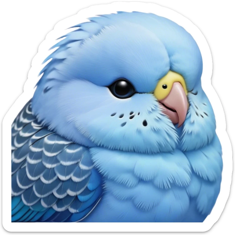 Meme-Worthy Cute Sleeping Blue Budgie Portrait Emoji, Head resting peacefully with a contented smile, showcasing a petite, delicate build and a luxuriously soft blue feathered fur, eyes shut in a serene nap, Simplified yet hilariously adorable features, highly detailed, glowing with a soft, drowsy light, high shine, relaxed and utterly lovable, stylized with an air of playful laziness, bright and heartwarming, soft glowing outline, capturing the essence of a comically sleepy budgie, so meme-worthy it feels like it could instantly become the next viral sensation of adorable slumber! sticker