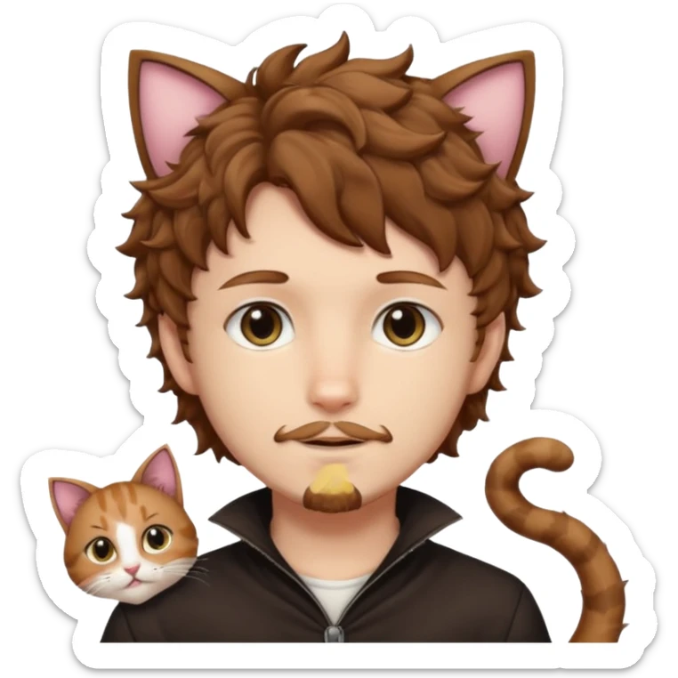 white boy with cat tail with goatee hair and cat ears with brown hair and anime features woth curly hair  sticker