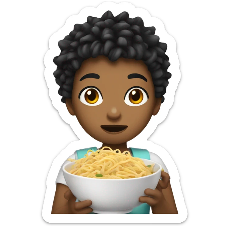 Girl with dark spiky hair eating noodles sticker