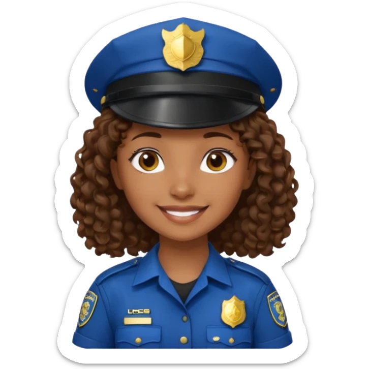 a cartoon-style avatar of a girl police officer with curly brown hair, wearing a black cap sticker