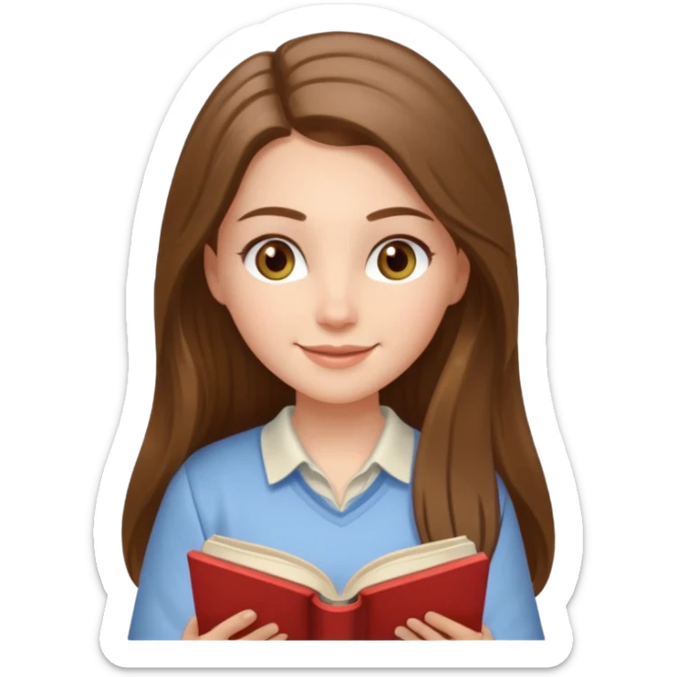 happy white long brunette hair girl with hazel eyes wearing light reading a book  sticker