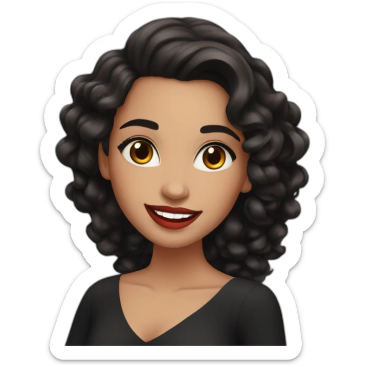 young moroccan woman with dark brown eyes, dark long curling hair, red lips, big smile, black dress sticker