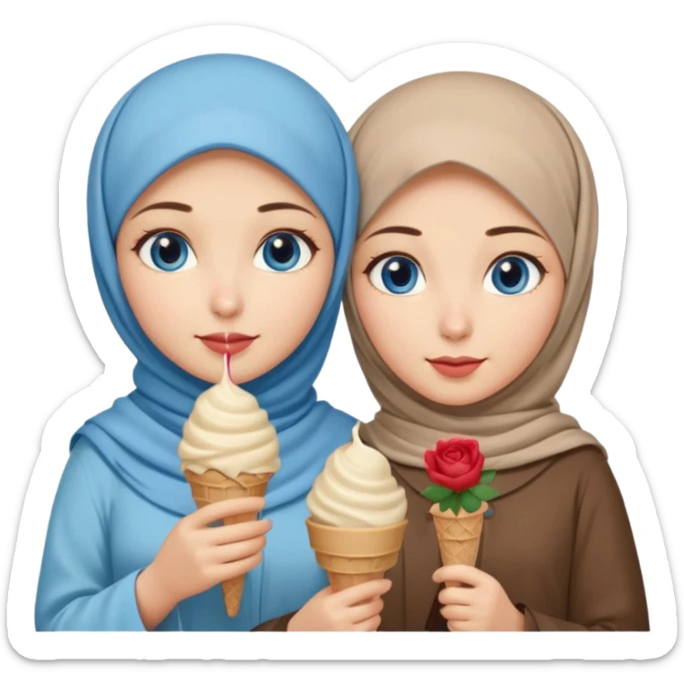 Turkish beautiful finish Konya two girls blue eyes with beige hijab islamic dress and had on her hand Rose ice cream sticker