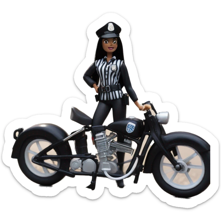 Silkstone Lingerie Barbie, Wednesday Addams from academy in vertically-striped dark-gray and black London police officer’s uniform with hat. Leaning back at the hips, riding a wheelie on a hot rod bike smiling  sticker
