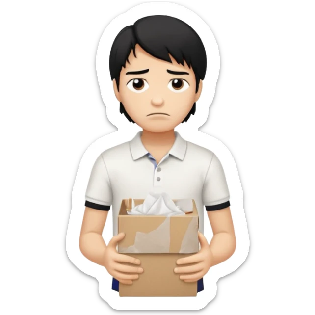 generate a pretty bratz boy with long black hair, wearing a white polo shirt. Looking sad, holding a box of tissues sticker