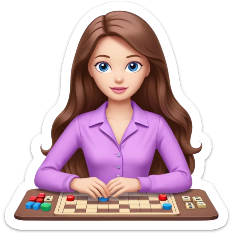 beautiful barbie girl with long brown hair, blue eyes and wearing light purple clothes playing board games sticker
