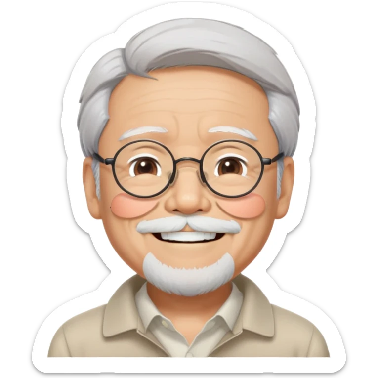 _cinematic-realistic-portrait-of-hayao-miyazaki,-depicted-with--large-rectangular-glasses,-his-happy-expression-rendered-in-lifelike-detail,-illuminated-with-soft,-realistic-lighting-that-emphasizes-his-creative-genius, his eyes shut  closed because of his large smile. eyes are shut sticker