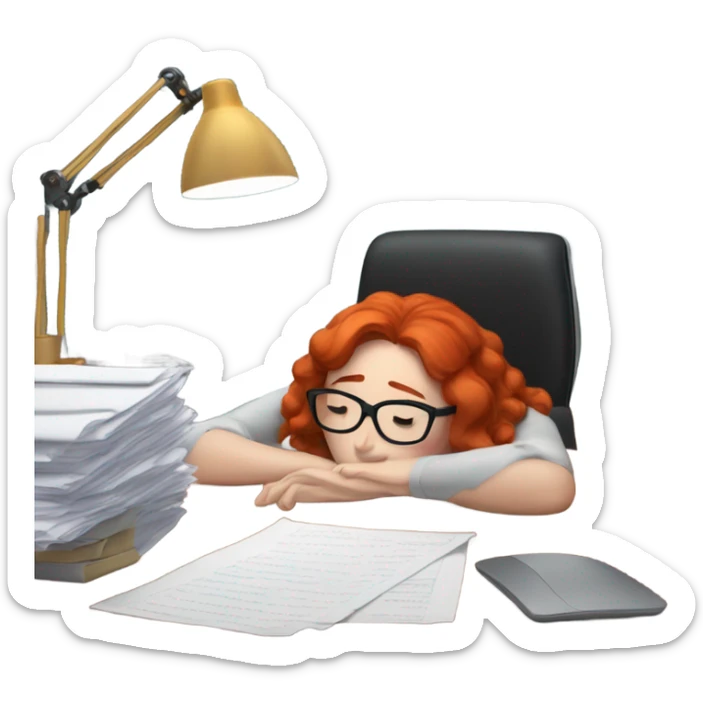 red hair woman wearing glasses taking nap desk monitor stack paper sticker